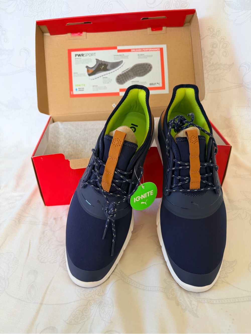 Puma Ignite PWRsport Men’s Golf Sneakers - Peacoat with Tan Accents